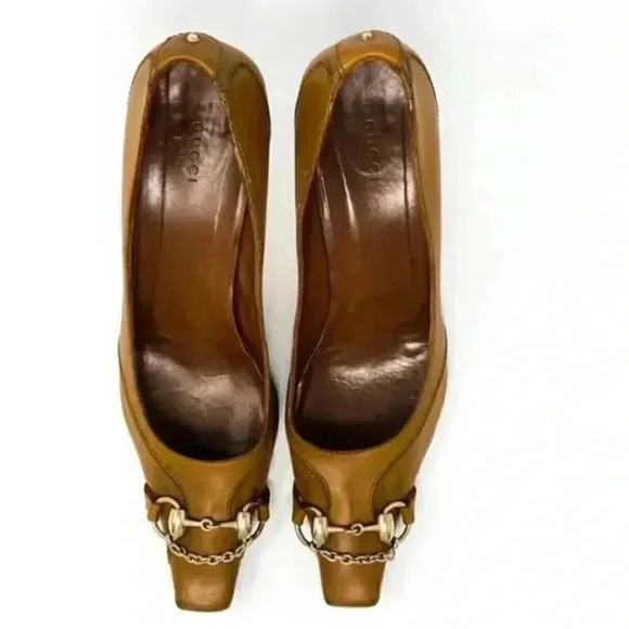 Gucci Brown Leather Gold Horsebit Chain Pointed Toe Kitten Heel Pumps Size 10 - Picture 5 of 15